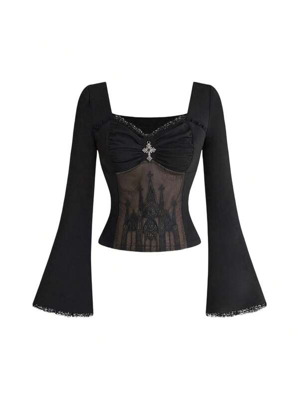 ROMWE Goth Mono de manga abullonada con encaje romántico y cruz gótica para mujer