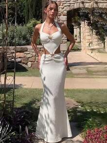 Nevyona 女士岛屿风情春夏秋季性感度假风连衣裙，露腰设计，挂脖系带，前系带连衣裙 - 杏色 - 查看 4