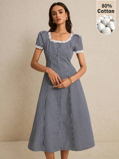 Poéselle Women's Contrast Lace Square Collar  Striped Single-Breasted Casual Mid-Length Dress,Elegant Dresses ,Casual Women's Dresses,Vacation Dresses,Country Outfits For Women,Work Outfits For Women,Perfect For Work, Vacations, And Everyday Wear.,Spring/Summer