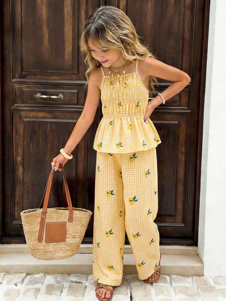 SHEIN Girls Striped Bow Camisole Top And Straight Leg Pants Summer Vacation Outfit - Yellow - View 1