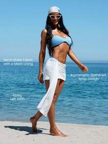 GLOWMODE Chân váy quấn TENCEL™-Linen dáng bất đối xứng, xếp ly, lót lưới xuyên thấu, kèm thắt lưng thả lỏng, thích hợp cho kỳ nghỉ hè, du lịch biển, mặc hàng ngày và thoải mái. - trắng - Xem 2