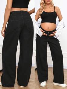 SHEIN Quần jeans bầu dáng rộng, màu trơn, thoải mái, thích hợp mặc hàng ngày đi làm, mùa hè, lễ hội, đi làm, nghỉ mát, tốt nghiệp, phong cách Y2K, dễ thương, thời trang đường phố, dự tiệc, đám cưới, thanh lịch - màu đen - Xem 1
