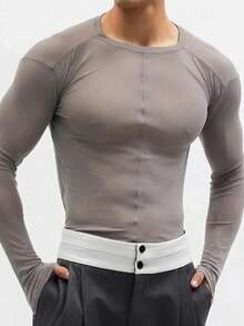 Manfinity Dauomo Áo thun dài tay nam màu trơn, kiểu dáng thường ngày, phù hợp cho mùa xuân và mùa thu. - Bụi tím - Xem 5