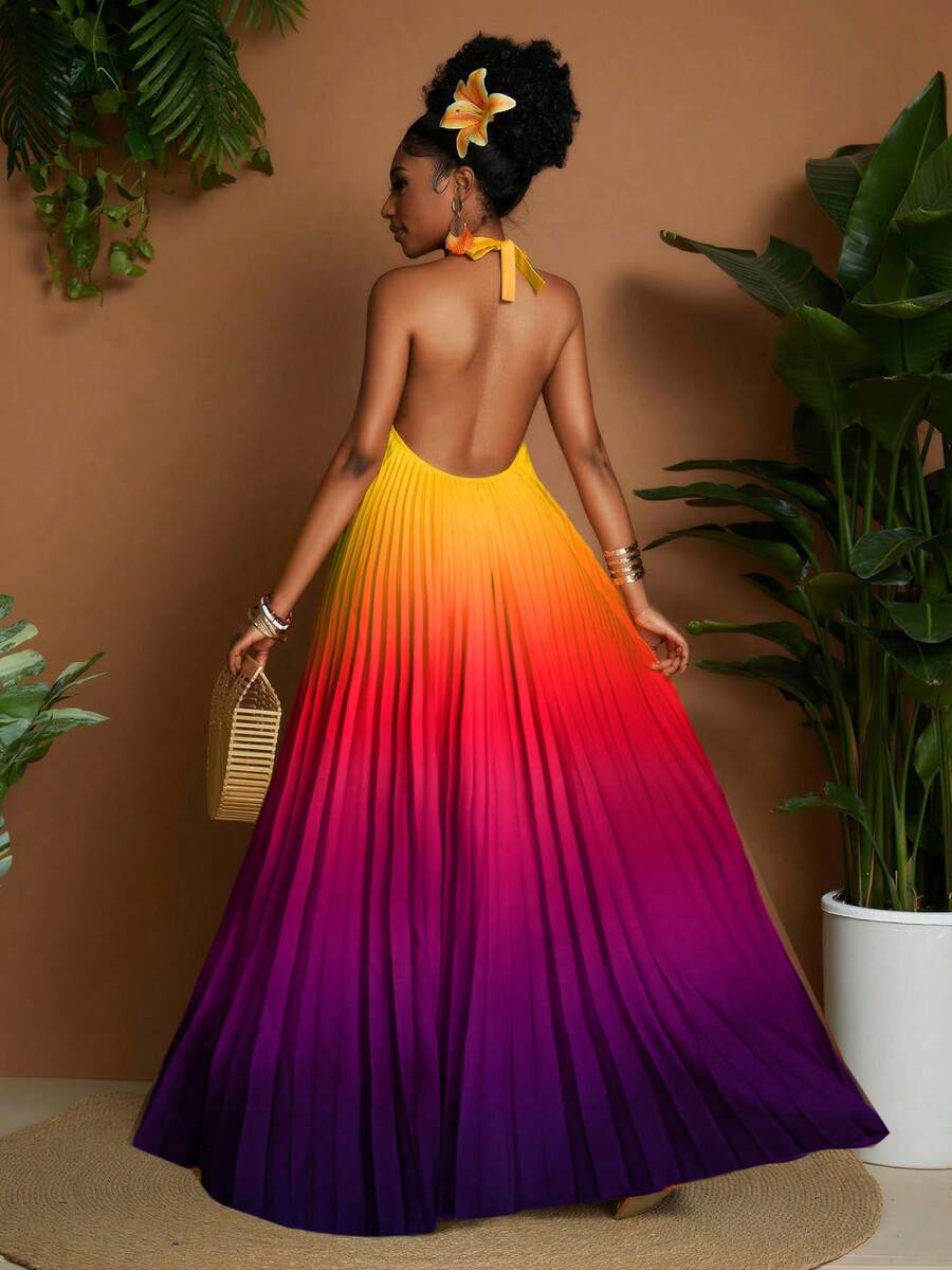 Breezaya Đầm nữ gợi cảm in họa tiết ombre cổ yếm xếp ly trang trí, kiểu dáng thời trang xuân/hè mới, đầm đi biển, đầm sinh nhật, đầm chụp ảnh nghệ thuật, đầm ngày Valentine, đầm hẹn hò, đầm thiết kế thời trang, trang phục xuân/hè đa năng, đầm dài thanh lịch mới về, đầm dài sang trọng. - Nhiều màu - Xem 1