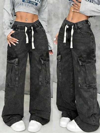 MJEN01 Pantalones vaqueros negros holgados para mujer Pantalones vaqueros anchos de color oscuro con bolsillos prácticos, combinados perfectamente con una camiseta crop y zapatos cómodos