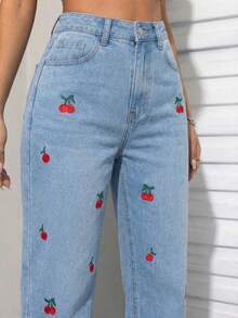 Mezclilla pantalon para mujer,rigido con cereza bordado,hermoso,comodidad. - Azul - Ver 5