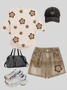 Teen Girl Cute Summer 2-Piece Set,Vintage Collegiate Floral Pattern Short Sleeve T-Shirt And Shorts,Matching Family Vacation Kids Outfits For School - Multicolor - View 2