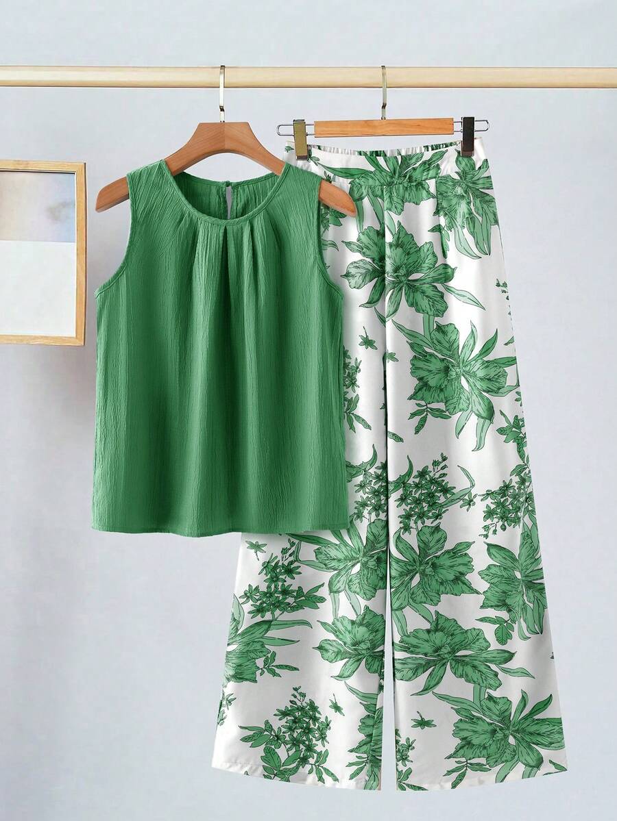 SHEIN Clasi 女士圆领无袖宽松褶皱蓝色印花阔腿裤套装,优雅百搭,适合日常穿着、度假和春夏穿着。 - 綠色 - 查看 1