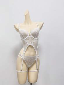 Seduluxe 3pcs/Set Lace Contrast Mesh Underwire Sexy Lingerie Set For Women - White - View 8