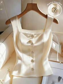 Franclia 女士春夏方领无袖金属扣装饰修身香槟色缎面真丝吊带背心 - 香檳色 - 查看 6