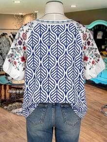 Linhara Plus Size Women Printed Notched Neck Short Sleeve Loose Blouse - Blue - View 2