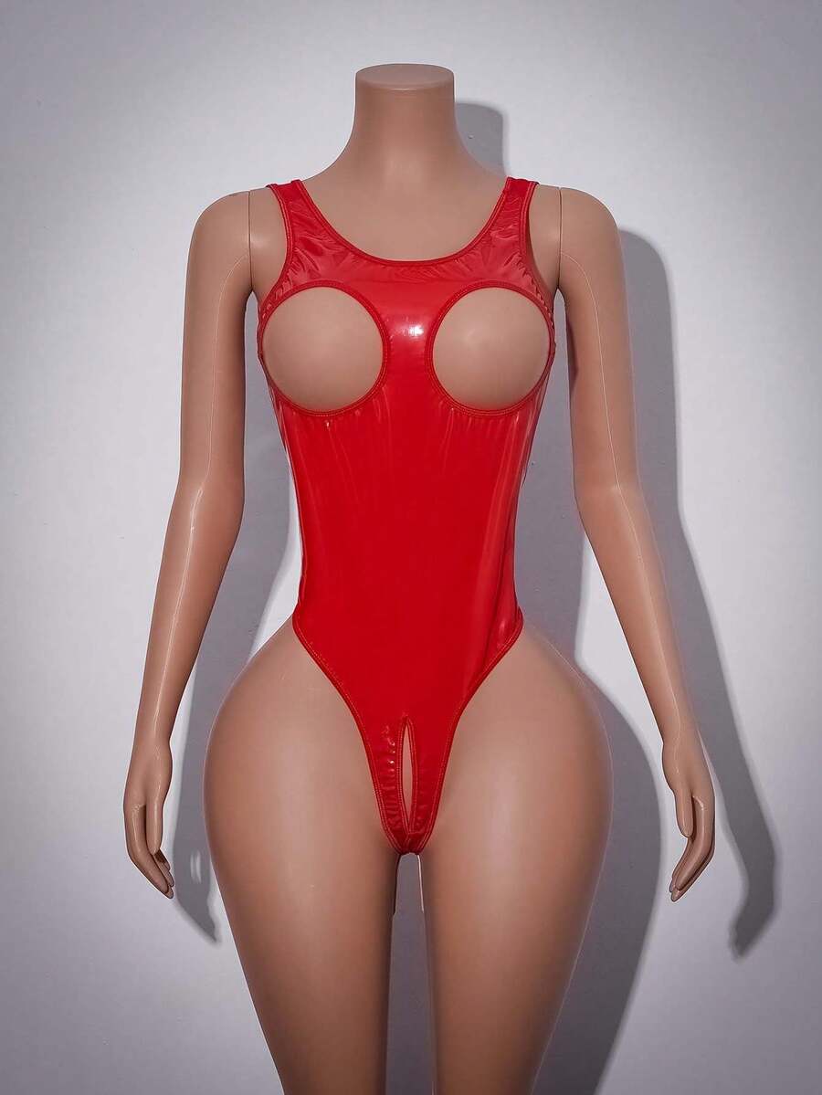 Mono de mujer con parches de PU, estilo sexy y con abertura en la entrepierna, estilo Y2K punk - Rojo - Ver 1