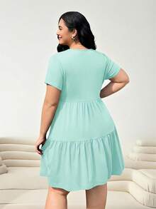 Solflare Plus Size Women Solid Color Round Neck Ruched Waist Elegant Party Dress - Mint Green - View 2