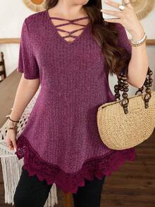 Lacomfia Women's V-Neck Short Sleeve Fitted Asymmetrical Hem Lace Patchwork Versatile Elegant Plus Size T-Shirt - Burgundy - View 5