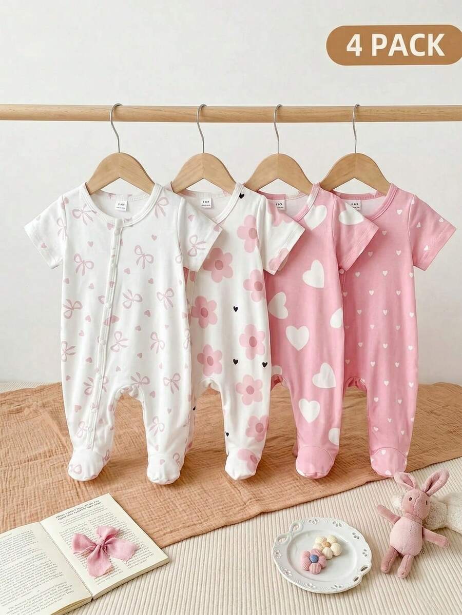 SHEIN 4件套新生儿针织柔软弹力花朵、爱心、蝴蝶结装饰套装,可爱甜美粉色,新生儿最佳礼物 - 彩色 - 查看 1