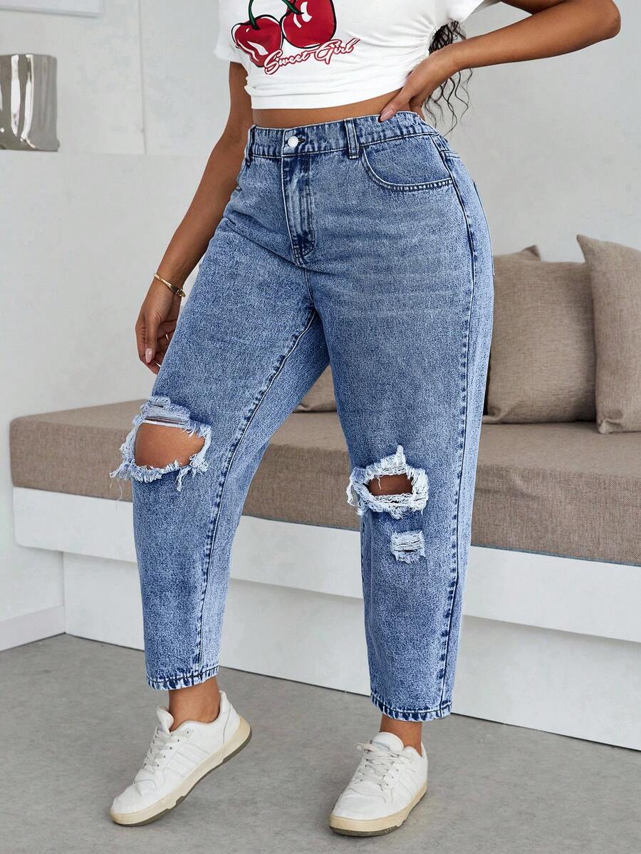 Dripcurv Plus Size Women Pocket Button Distressed Casual Versatile Daily Wear Denim Jeans - Light Wash - View 1