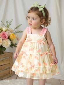 SHEIN Baby Girls' Floral Embroidered Chiffon Delicate 3D Bow Decor Yellow Strap Dress - Pink - View 5