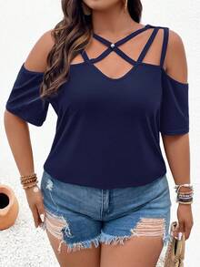 大码柔软针织交叉绑带简约宽松短袖肩带休闲度假通勤T恤 - 寶藍色 - 查看 6