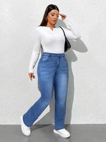 SHEIN ICON 大码修身休闲百搭日常牛仔裤 - 中等水洗藍 - 查看 4