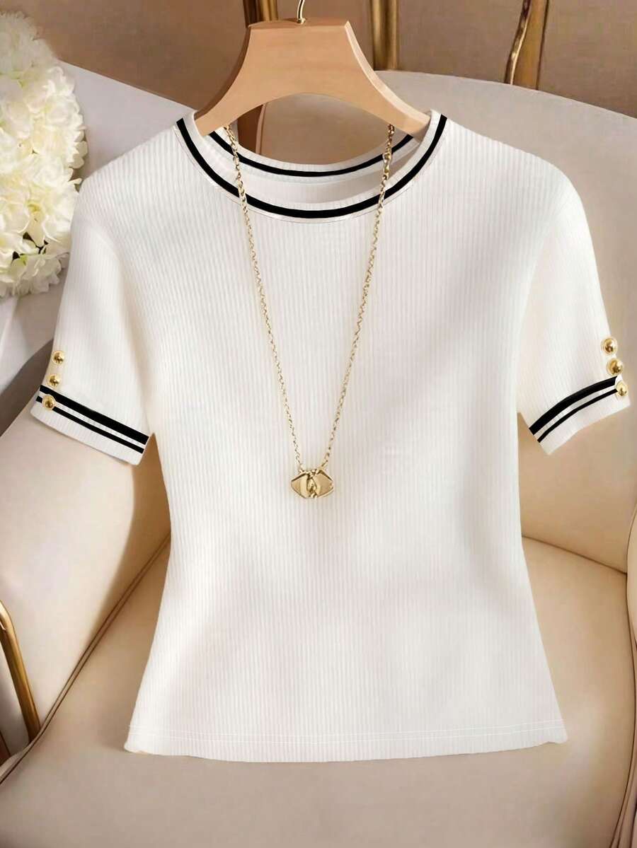 Resyla Camiseta de manga corta casual de mujer con ribete de contraste, verano - Blanco - Ver 1