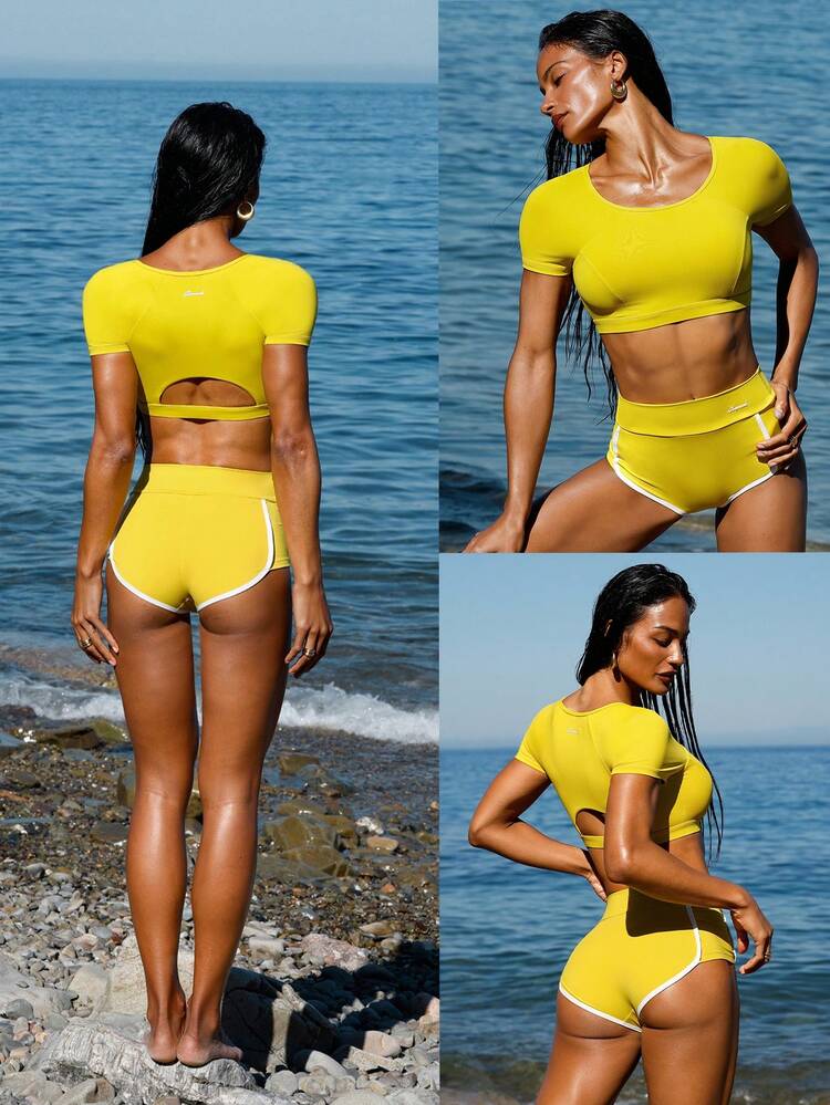 Chlorine-Resistant Making Waves Cropped Back Cutout Removable Cups Short Sleeve Crewneck Swim Tee Low Impact Swimming Beach Pool Holiday Vacation Summer Wear