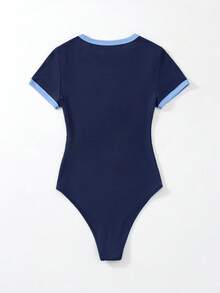 SHEIN EZwear 大码夏季休闲字母印花藏蓝色连体衣 - 藏蓝色 - 查看 2