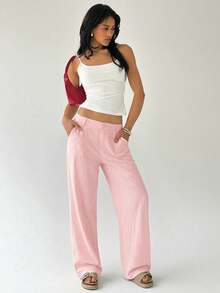 2026 Summer Casual Solid Pink Loose Low-Waist Wide-Leg Pants - Pink - View 5