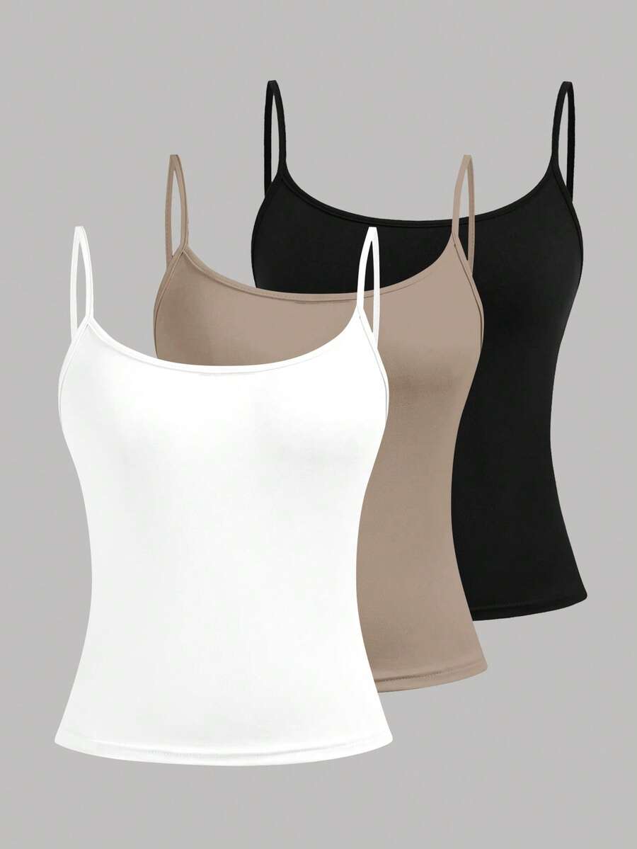 Girlism 3件套少女休闲修身吊带背心，适合春、夏、秋、冬四季穿着 - 杏色 - 查看 1