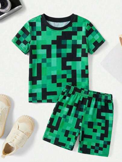 Bộ đồ ngủ ngắn tay và quần short in hình hoạt hình dành cho bé trai, kiểu dáng thoải mái, thích hợp cho mùa xuân/hè.