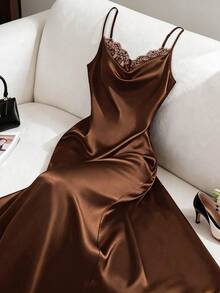 GlowEve CURVE Plus Size Women Lace Trim Elegant Waist Cinched Camisole Dress, Suitable For Dates And Parties - Brown - View 7
