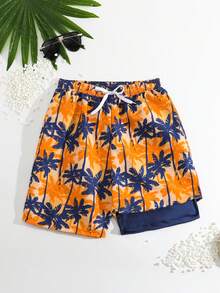 SHEIN Teen Boy Orange Navy Leaf Print Beach Shorts, Daddy And Me Matching (2 Pieces Sold Separately) - Multicolor - View 1