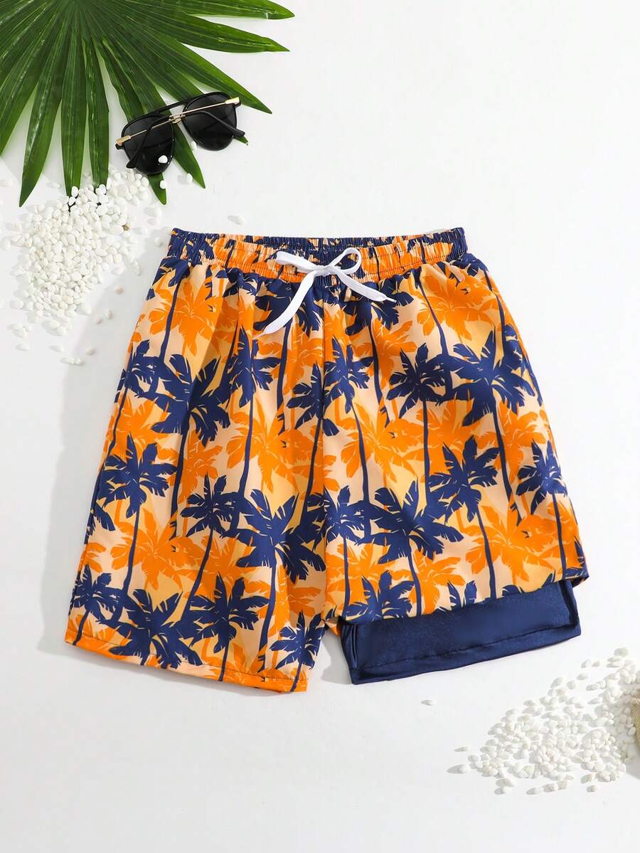 SHEIN Teen Boy Orange Navy Leaf Print Beach Shorts, Daddy And Me Matching (2 Pieces Sold Separately) - Multicolor - View 1