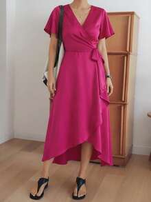 Dazy-Less Satin Satin Elegant Long Wrap Dress, Suitable For Valentine's Day, Wedding, Party, Formal Occasions, Fashion, Slim Fit, Commute, Spring/Summer Sundress - Hot Pink - View 3