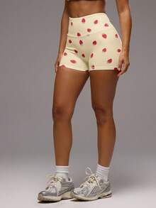 Musera Sport Strawberry High Waist Active Shorts Only Active Workout Gym Cute Pilates Fitness Daily Girly Casual Print - Butter Yellow - View 4