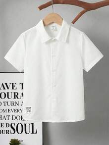 SHEIN 1pc Young Boys' Minimalist Silhouette All-Match White Short Sleeve Shirt, Suitable For Daily Wear, Outings, Wedding Season, Holiday Parties, Summer Beach Vacations, Spring/Summer - White - View 3