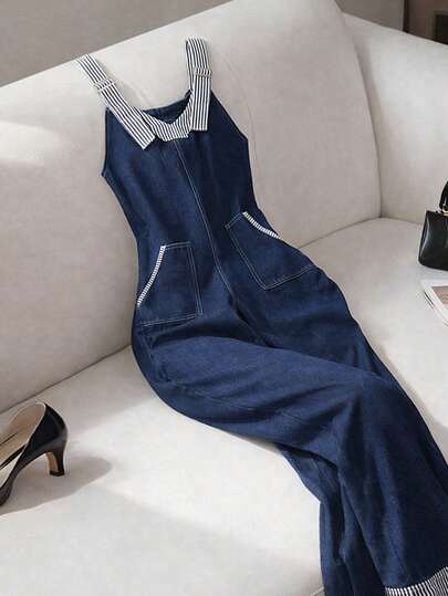 GlowEve Women's Patchwork Striped Shoulder Strap Design Denim Jumpsuit