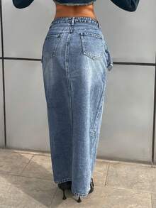 StreetHx Chân váy denim xẻ tà 2 trong 1 phong cách đường phố thường ngày thời trang - Rửa trung bình - Xem 2