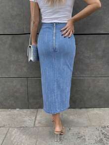 SHEIN LUNE Chân váy denim nữ xẻ tà tối giản phong cách thường ngày - Màu xanh lam - Xem 2