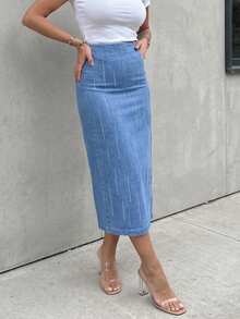 SHEIN LUNE Chân váy denim nữ xẻ tà tối giản phong cách thường ngày - Màu xanh lam - Xem 3