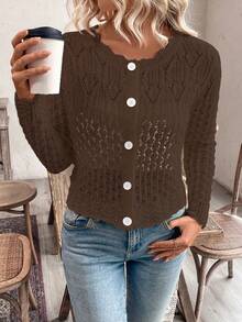 EMERY ROSE Cárdigan de mujer con cuello redondo y botones delanteros calados, chaqueta de punto de otoño/invierno - Café integral - Ver 6
