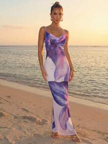 Lumalex 女士紫色百合花印花连衣裙及披肩 - 彩色 - 查看 6