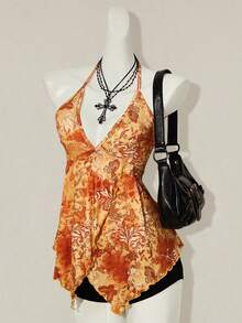 SHEIN ICON Print Asymmetric Hem Fashion Halter Neck Tank Top - Orange - View 8