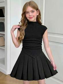 SHEIN Atasan Rajut Tekstur Hitam Kasual Elegan untuk Remaja Perempuan, Kerah Corong Pas Badan, Hem Asimetris Berkerut, Lengan Pendek, Gaya Dasar Musim Panas Kembali ke Sekolah, 1 item - Hitam - View 5