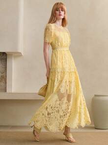 Arave Women's Elegant Lace Round Neck Floral Print Long Dress, Stylish For Date Vacation Yellow Summer - Pale Yellow - View 3