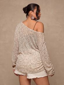 Freevana 大码休闲不对称肩针织上衣，秋冬季百搭T恤 - 杏色 - 查看 2