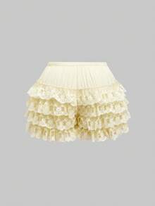 ROMWE Kawaii Plus Size Palace Romantic 3D Diamond Pendant Butterfly Ruffle Layered Lace Hem Harem Shorts - Apricot - View 2