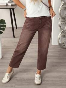 EMERY ROSE Plus Size Casual Jeans With Pockets, Minimalist Design - Coffee Brown - View 4