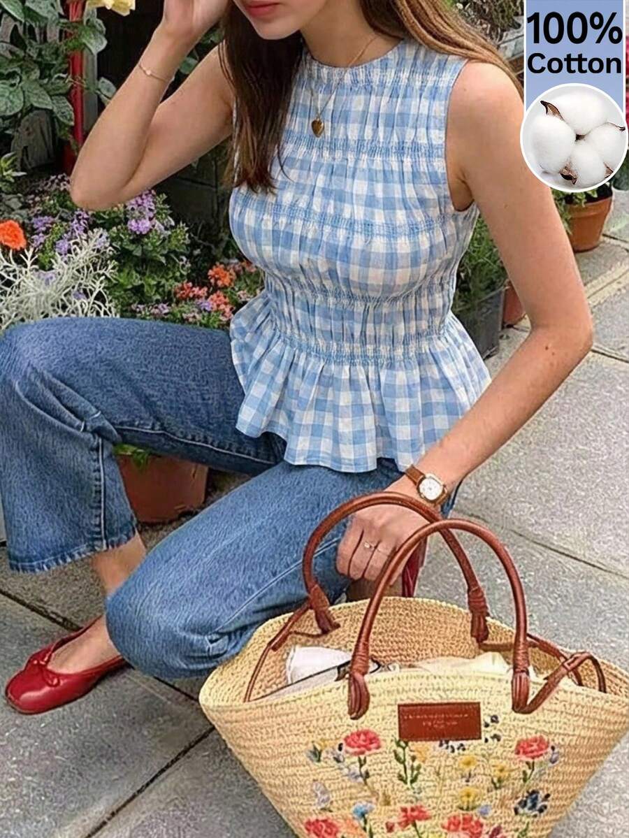 Serisse 女款夏季100%純棉可愛藍白格紋無袖上衣,法式風格抓皺收腰荷葉邊上衣,荷葉邊下擺,適合野餐 - 淺藍色 - 查看 1