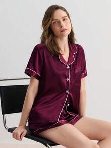 Hourtrue Conjunto de pijama cómodo con ribete de bloques de color, ropa de otoño invierno para verano - Burdeos - Ver 8