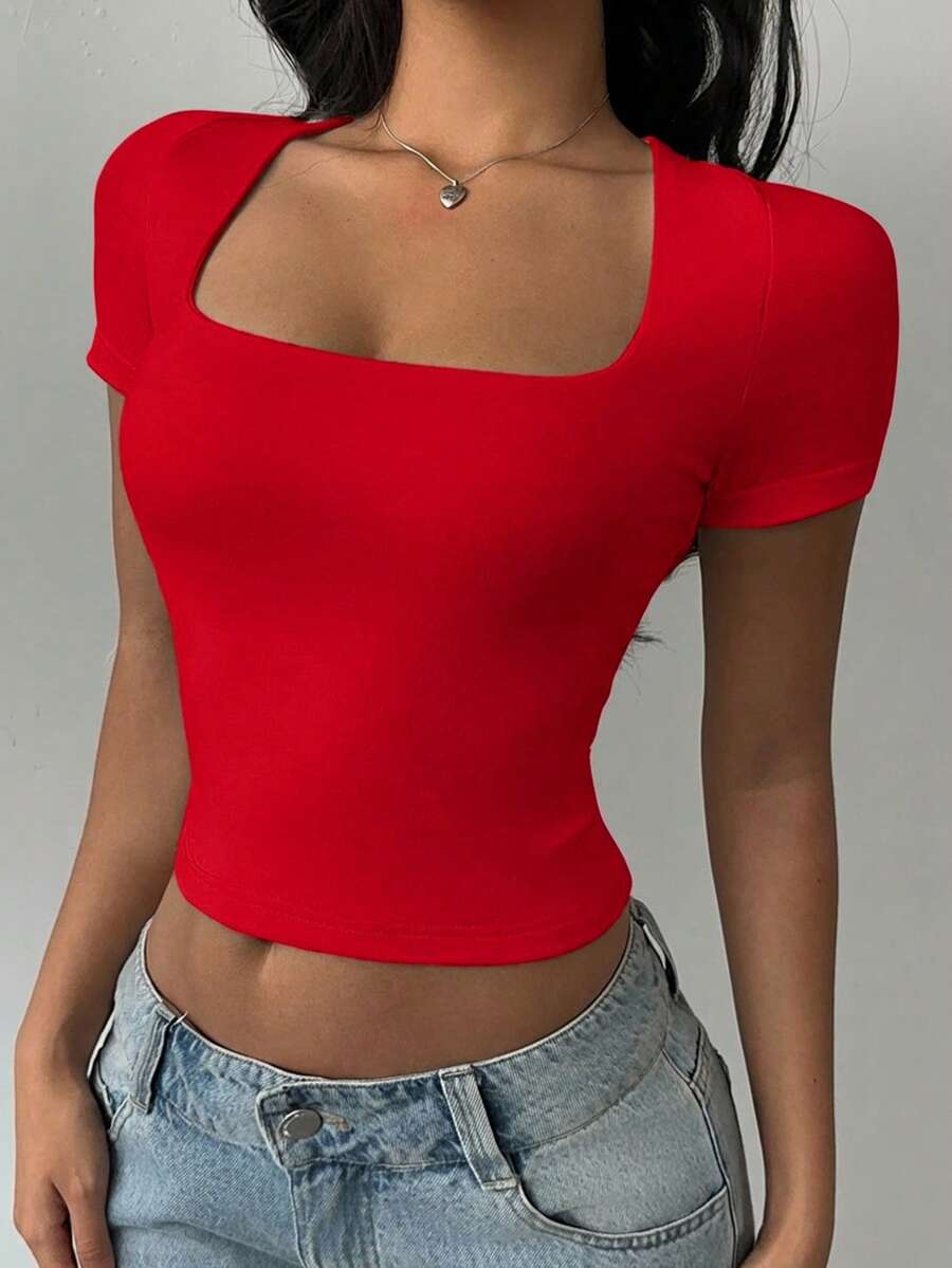 SHEIN BASICS 纯色针织可翻领修身短款女式上衣